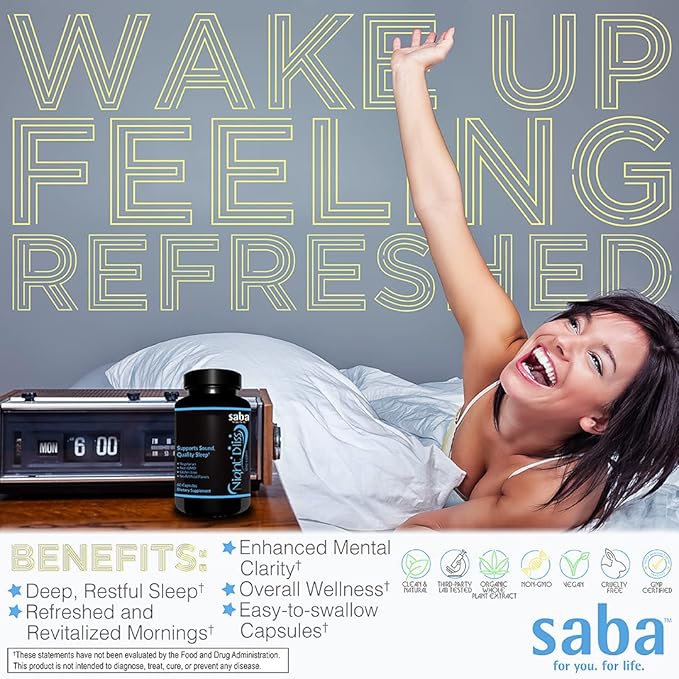 Saba Night Bliss Natural Sleep Aid | Non-Habit Forming | Sleep Supplement for Longer Sleep &amp Stress Relief w/Magnesium Melatonin GABA Chamomile &amp Valerian (60 Vegan Capsules 30 Day Supply