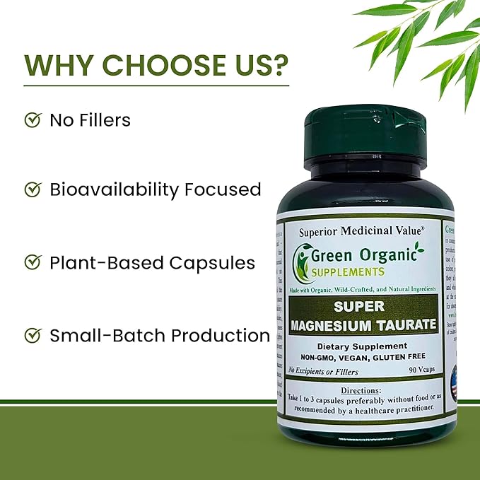 Magnesium Taurate High Absorbable 90 VCaps Non-GMO Vegan &amp Gluten Free Made with Organic Wild-Crafted and Natural Ingredients (Pack of 2)