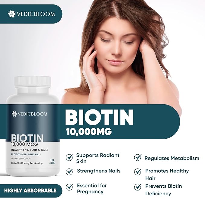 Biotin Capsules 10000 mcg High Potency 60 Vegan Capsules for Healthy Hair Skin and Nails Gluten Free Non GMO (3 180 Capsule)