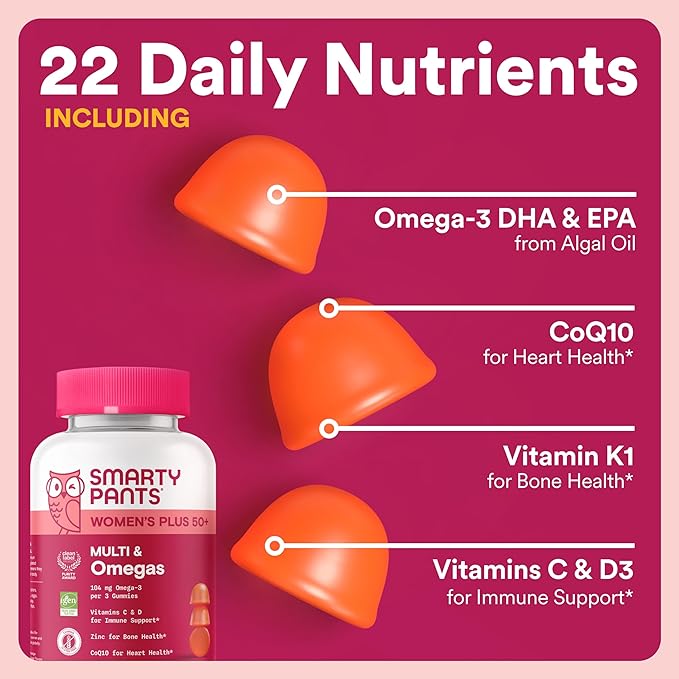 SmartyPants Women’s Complete Wellness Bundle: Multivitamin + Women’s 50+ Gummies with Omega-3 CoQ10 Methylfolate Vitamins D3 B12 C A &amp Zinc – Gluten Free 90 Count Each (2-Pack)