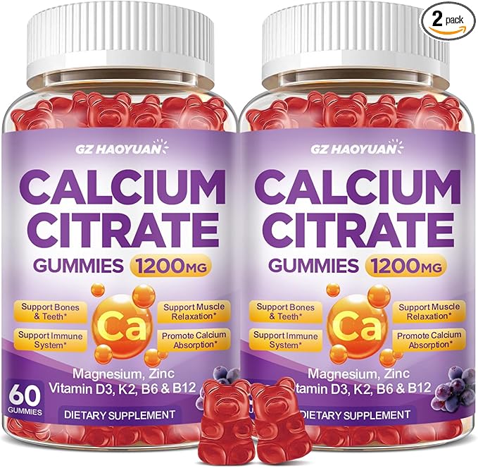 Calcium Citrate Gummies - 1200mg Calcium Gummies Supplements for Women &amp Men with Vitamin D3 K2 Magnesium Zinc High Absorption for Bone Muscle &amp Immune Support Grape Flavor 120 Count