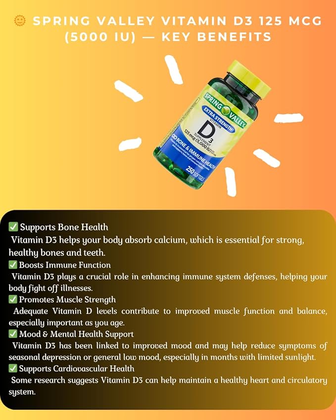 1 Pack Vitamin D3 Softgels Vitamin D3 125MCG 5000 IU 250 Count Includes +(Vitamin Guide)