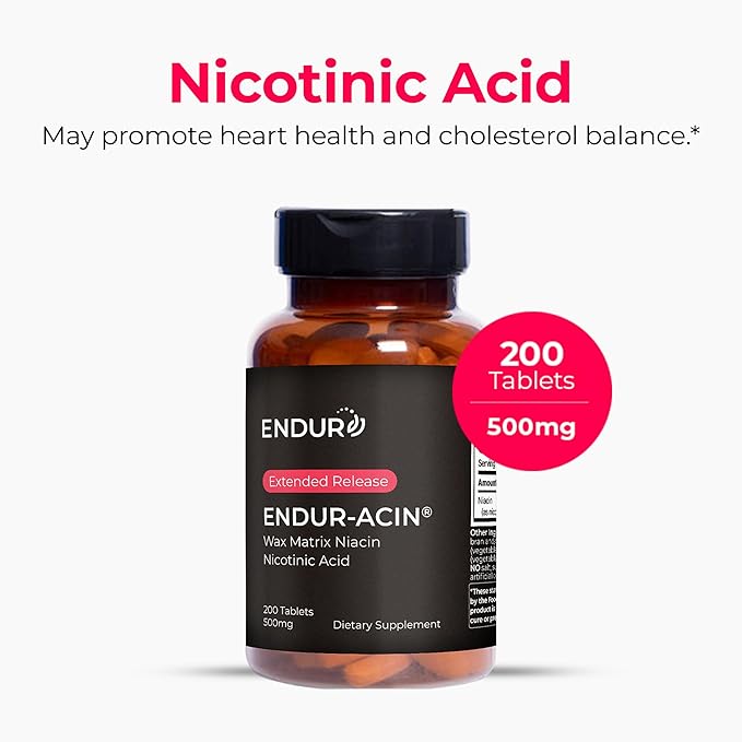 ENDUR-ACIN - Niacin B3 - ER (Extended Release) 500 mg - Nicotinic Acid - Healthy Heart &amp Cholesterol Balance Supplement - Low-Flush High-Potency Niacin with 4–8 HR Timed-Release Matrix - 200 Table