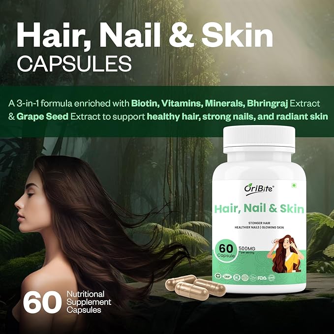 Hair Nail &amp Skin Supplement | Biotin Grape Seed Extract &amp Amla | Stronger Hair Healthier Nails &amp Glowing Skin | 500mg 60 Veg Capsules | Non-GMO Gluten Free
