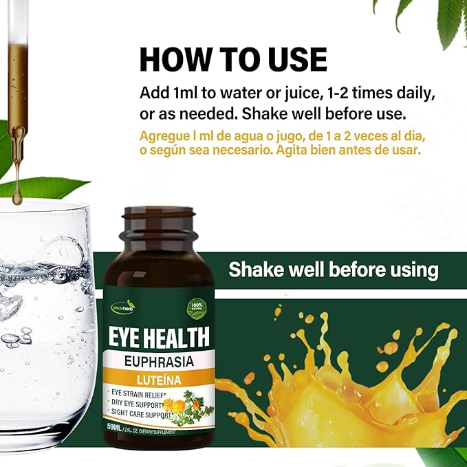 Eyebright Herb Eye Health Drops Bilberry &amp Lutein Liquid Extract Herbal Supplement for Eye Strain Relief &amp Sight Care Support. Euphrasia Officinalis Arándanos Luteína para Los Ojos. 2oz