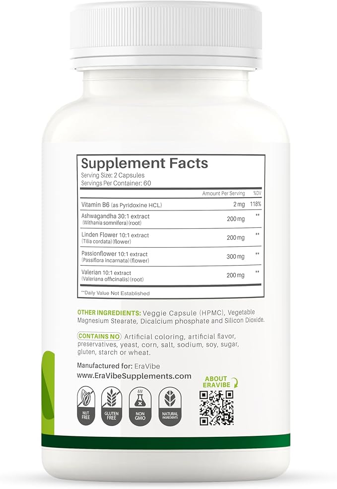 Chill Vibe Herbal Blend with Ashwagandha Valerian Passionflower Linden Flower &amp Vitamin B6 Supports Calm &amp Relaxation 120 Veggie Capsules Non-GMO Gluten-Free