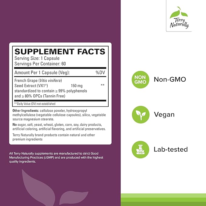 Terry Naturally Clinical OPC - Cardiovascular Health &amp Focus Support Supplement - Dietary Supplement with Grape Seed Extract &amp Sunflower Lecithin - Immune Support Supplement - 300 mg 60 Softg