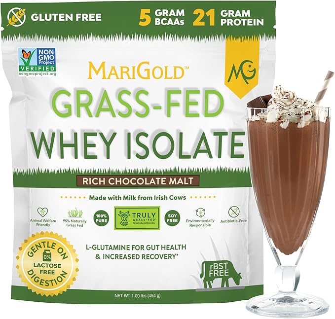MariGold Grass-fed Whey Protein Isolate Powder - Rich Chocolate Malt Flavor - 1 Lb | 100% Pure Cold-Processed Micro-Filtered Undenatured Non-GMO rBGH Free Soy Free Gluten Free Lactose Free