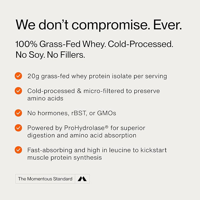 Momentous Essential Grass-Fed Whey Protein Powder - 20 g Whey Isolate Protein - NSF Certified for Sport - Gluten-Free - 25 Servings for Essential Everyday Use - Vanilla - Package May Vary