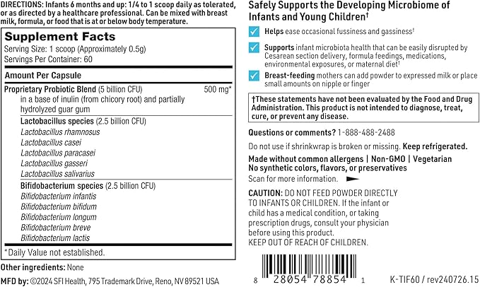 Klaire Labs SFI Health Ther-Biotic Baby Probiotic Powder - Probiotics for Kids with 10-Strains - 5 Billion CFU Infant Probiotic for Digestive Health and Immune Support (60 ct)