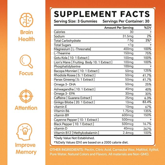 Gummies - Brain Supplement for Memory Focus &amp Attention - Cognitive Support with Magnesium Omega 3 Ashwagandha - 90 Count Raspberry Flavor