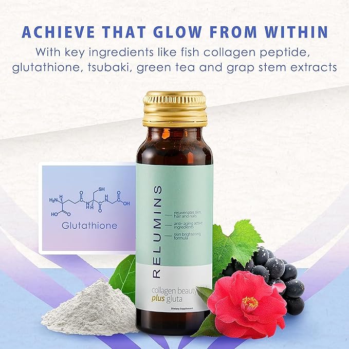 Relumins World's Most Advanced Collagen Drink - 10000mg w/Glutathione &amp Antioxidants | USA's No.1 Liquid Collagen Anti-Aging Spring Glow Essentials | Apple Flavor | Made in USA - 10 Bottles