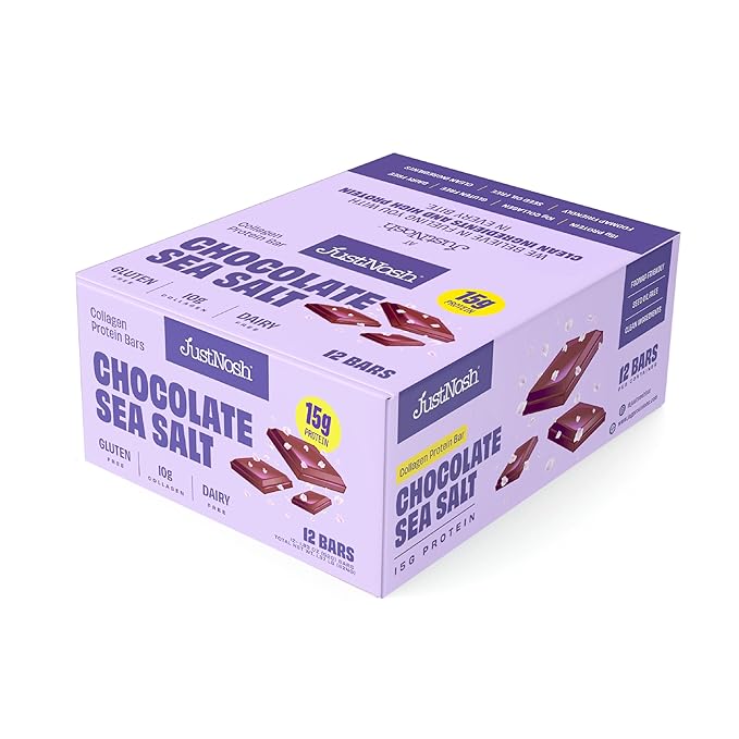 JUSTNOSH Chocolate Sea Salt Collagen Protein Bars – 15g Protein 10g Collagen | Gluten &amp Dairy Free Low FODMAP Seed Oil Free (12 Pack)