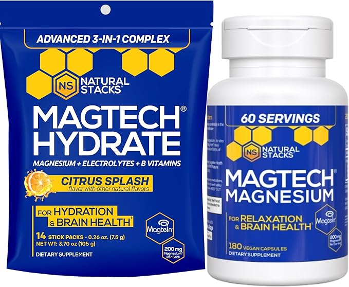 Magtech Magnesium Capsules + Hydration Powder Bundle - 3 Forms of Magnesium - Featuring Magtein L-Threonate - Brain Health &amp Hydration Support* - 74 Total Servings