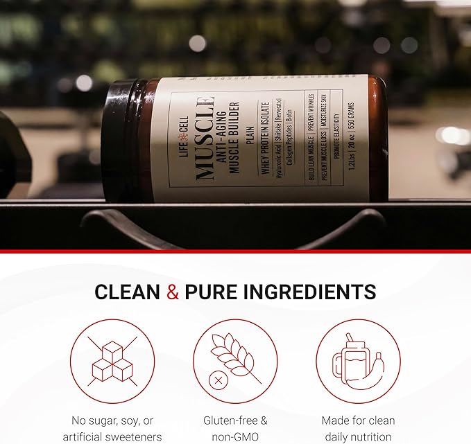 LifeCell Whey Protein – Anti-Aging Muscle Builder with Shiitake Mushroom Collagen &amp Hyaluronic Acid – Plain No Sugar Added Soy-Free Gluten-Free 550g