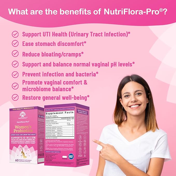 Nutricelebrity NutriFlora-Pro Probiotics for Women - Support Vaginal Urinary Health (UTI) Digestive System Period Pain Yeast and BV Relief Cranberry Pills 10 Billion CFU 6 Strains (60 Caps)