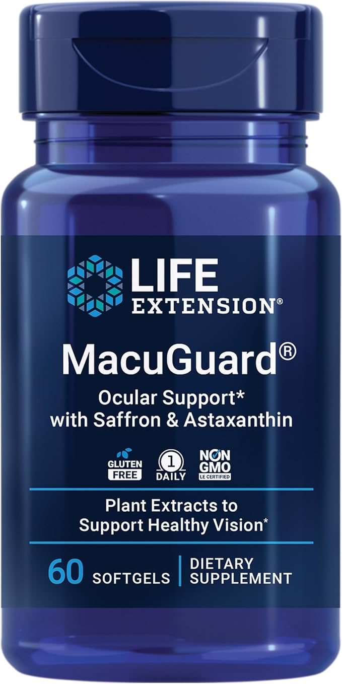 Life Extension Super Ubiquinol CoQ10 Heart Health Cellular Energy 60 Softgels &amp Macuguard Ocular Support Lutein Zeaxanthin Saffron Astaxanthin Eye Health 60 Count