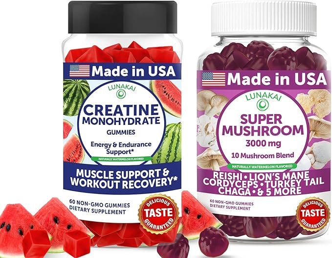 Lunakai USA Made Creatine &amp Super Mushroom Gummies Bundle – Daily Recovery &amp 10-Mushroom Complex Support – 60 Non-GMO Gummies Each