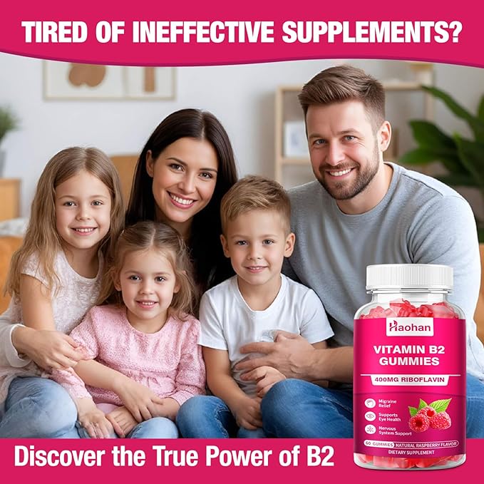 Haohan Vitamin B2 400mg with Magnesium Gummies for Migraine and Nervous System Support in Sugar-Free Vegan Raspberry Flavor 120 Count for Adults and Kids