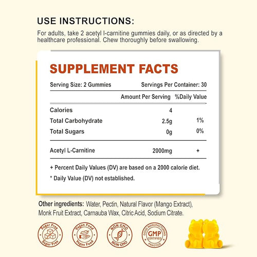 2 Pack Acetyl L-Carnitine Gummies L-Carnitine Supplement for Women &amp Men Nutrition Supplement for Boost Energy Immunity &amp Brain Health Vegan Non-GMO Mango Flavor 120 Count