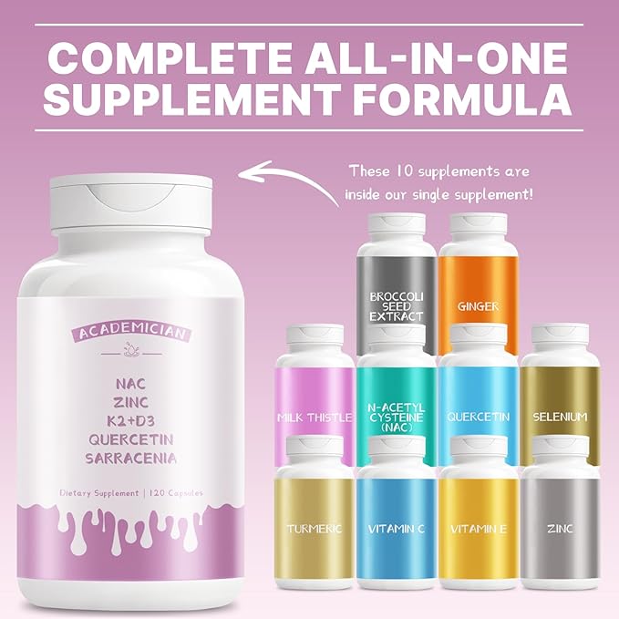 Vitamin D3 K2 Capsule Zinc Supplements Quercetin NAC N-Acetyl Cysteine Sarracenia Supplement - 120 Count