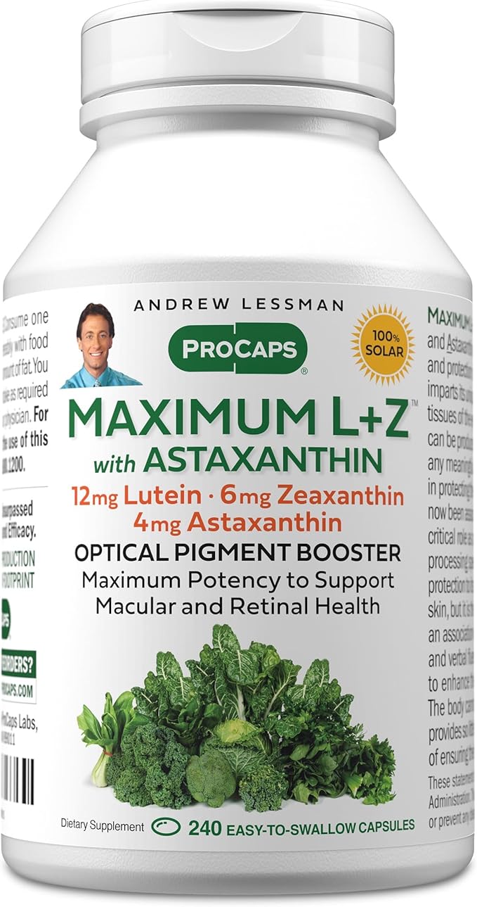 ANDREW LESSMAN Maximum L+Z with Astaxanthin 240 Softgels - 12mg Lutein 6mg Zeaxanthin 4mg Astaxanthin. Key Nutrients to Support Eye and Brain Health and Promote Healthy Vision.