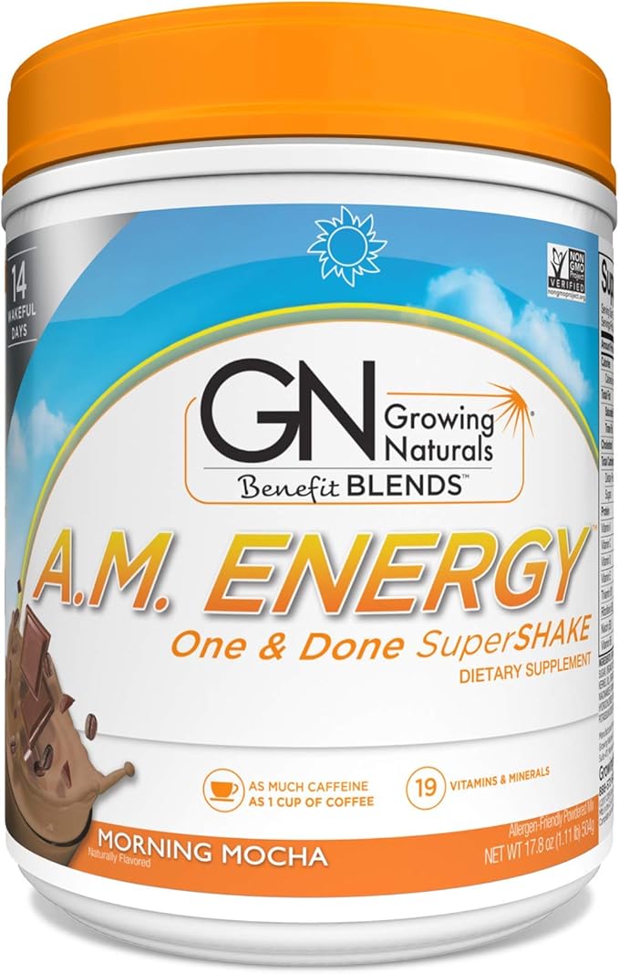 Growing Naturals All Natural Plant Based Protein One &amp Done Super Shake 18g Protein with Non-GMO High Fiber and Gluten Free A.M. Energy 1 Pound (Pack of 1)