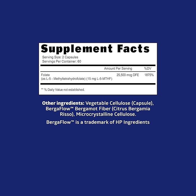 Number One Nutrition Premium L-Methylfolate 12.75MG Extra Strength 5-MTHF Active Methylfolate Supplement for Energy and Cognitive Support Gluten-Free and Non-GMO 120 Capsules