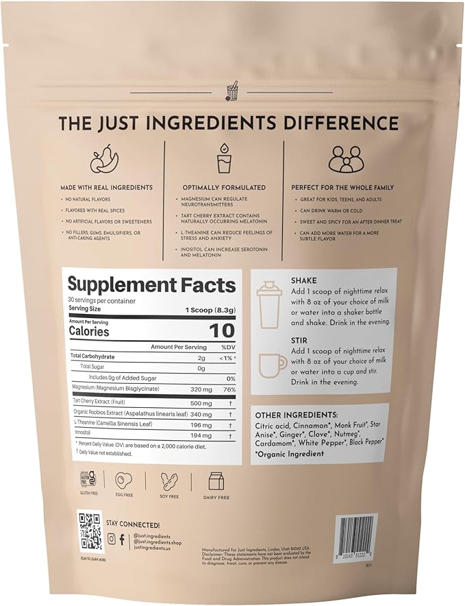 JUST INGREDIENTS Chai Nighttime Relax Drink Mix – 30 Servings | No Sugar Added | Magnesium L-Theanine Chamomile &amp Tart Cherry Extract | Supports Relaxation &amp Restful Evenings