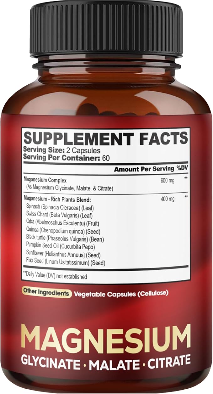Magnesium Triple Complex - 600mg Magnesium Glycinate Malate &amp Citrate - Added Spinach Swiss Chard &amp Others - Support Calm Restful Mood &amp Muscle Cramp - 120 Capsules
