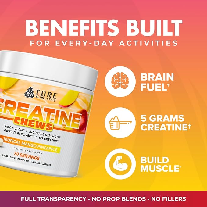 Core Nutritionals Creatine Chews | Creatine Monohydrate with Sea Salt | Muscle Strength Performance &amp Hydration Support | 30 Servings (Tropical Mango Pineapple)