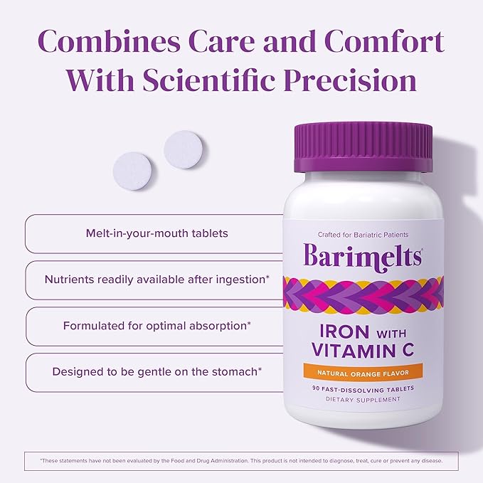 Barimelts Iron with Vitamin C 90 Fast-Dissolving Tablets (1-Month Supply) Sugar-Free Bariatric Iron Supplement for Women Natural Orange Flavor