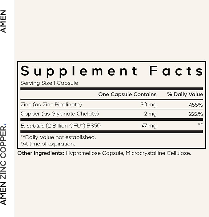 Amen Zinc &amp Copper Supplement + Probiotics 3 Months Supply One Per Day - 50 mg Zinc Picolinate Vitamin Pills - Essential Minerals Supplements – 2 Billion CFUs Probiotic – Vegan Non-GMO 90 Caps