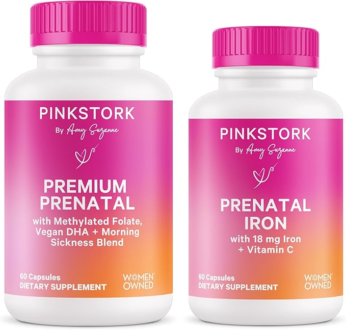 Pink Stork Premium Prenatal Iron Bundle - Premium Prenatal + DHA and Prenatal Iron Supplement for Women Morning Sickness Digestion Blood Cell Production