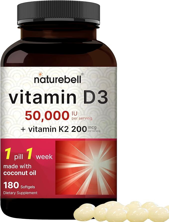 NatureBell Vitamin D3 50000 IU with Vitamin K2-180 Softgels - High-Potency Bone &amp Immune Support* - Easy Absorption with Coconut Oil - Non-GMO &amp Gluten-Free