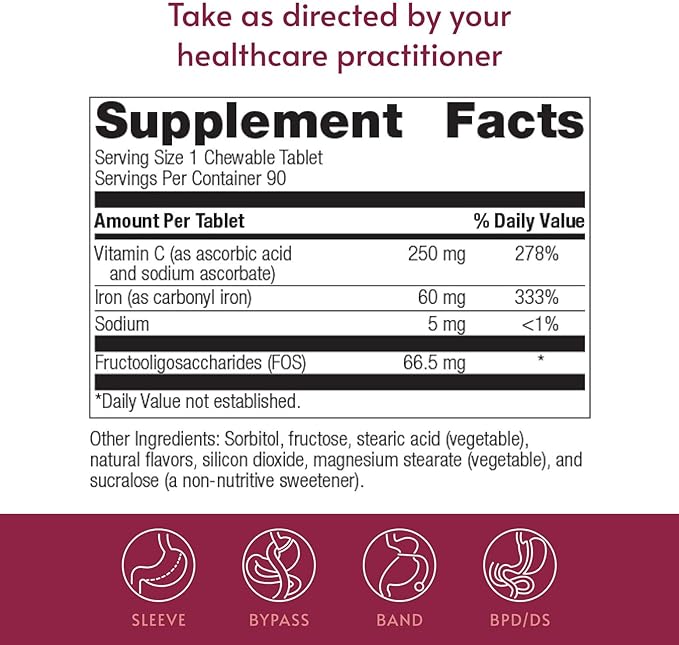 Bariatric Advantage Chewable Iron 60 mg with Vitamin C for Increased Absorption and Utilization Easily Digestible for Gastric Bypass and Sleeve Gastrectomy Surgery Patients - Lemon Lime 90 Count