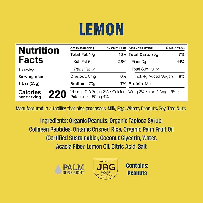 JUSTNOSH Lemon Collagen Protein Bars – 13g Protein 10g Collagen | Gluten &amp Dairy Free Low FODMAP Seed Oil Free (12 Pack)