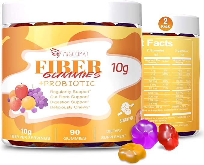 10G Fiber Gummies for Adults - Support Digestive Health - Fiber Supplement with 30 Billion CFU Probiotics Blend ACV Vitamin C Inulin - No Sugar Added - Fruit Flavored - 180 Count