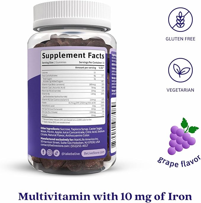 BeLive Iron Gummies - Multivitamin Iron Supplement with Vitamin C A B &amp Zinc Supports Blood Oxygen Vegan Supplements for Women Men &amp Kids for Growth and Development - Grape Flavor | 3-Pac