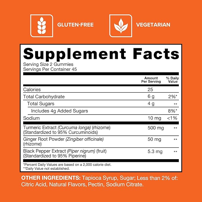 Qunol Turmeric and Ginger with Black Pepper Gummies Turmeric Curcumin Supplement Joint Health Support Gummy 90ct Gummies