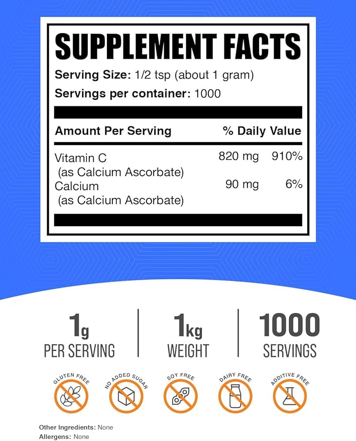 BulkSupplements.com Calcium Ascorbate Powder - Buffered Vitamin C Supplement Calcium Powder - Vegan &amp Gluten Free 1g per Serving 1kg (2.2 lbs) (Pack of 1)