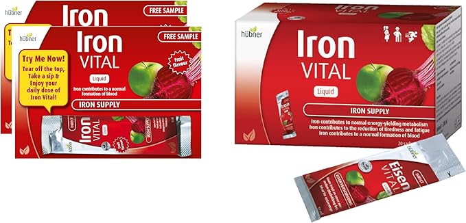 hübner Iron Vital Liquid Iron Supply Plus Vitamin C Dietary Supplement for Adults and Kids Vegan and Gluten-Free Fruit Flavor Box of 20 Packets + 2 Extra Packets 10 ml Each