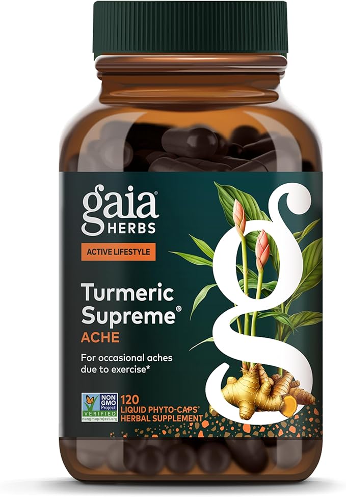 Gaia Herbs Turmeric Supreme Ache- Helps Provide Relief of Occasional Aches - with Turmeric Curcumin Black Pepper Devil’s Claw Ginger Feverfew &amp More - 120 Liquid Phyto-Capsules(60-Day Supply)