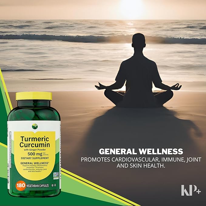 KP+ Turmeric Curcumin with Ginger Powder | 500 mg Dietary Supplement | General Wellness | 180 Vegetarian Capsules | Pack of 2