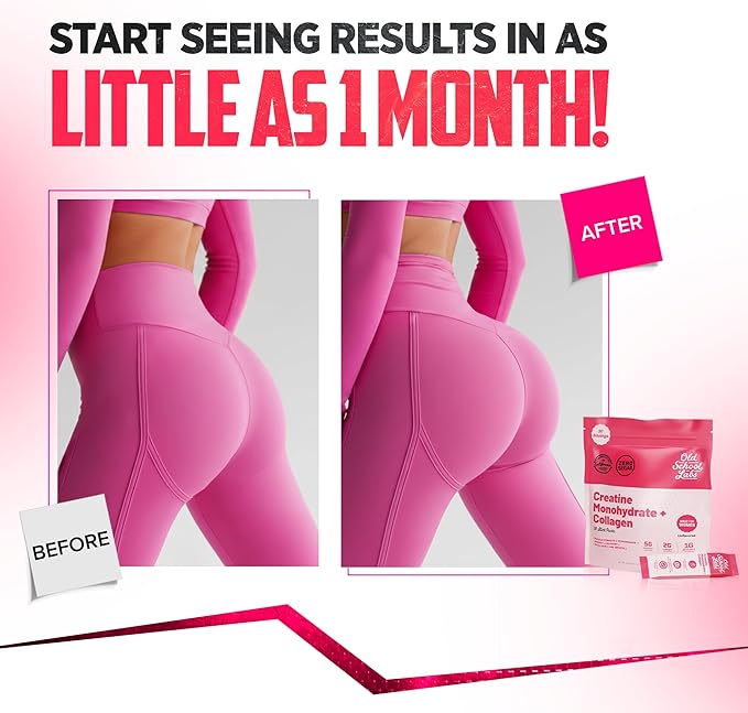 Old School Labs Creatine Stick Packs for Women | 5000mg Creatine Monohydrate 2000mg Collagen &amp BCAA 2:1:1 for Lean Muscle Booty Growth &amp Recovery | No Bloat Workout Supplement 30 Travel Pac