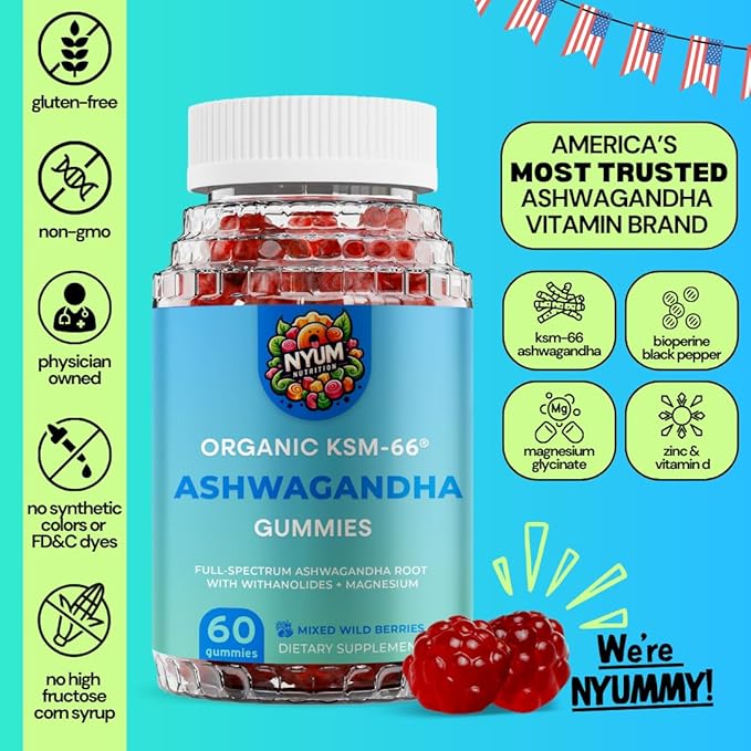 Generic Nyum Nutrition Organic KSM-66 Ashwagandha Gummies 60 Count Mixed Wild Berries Red/Blue