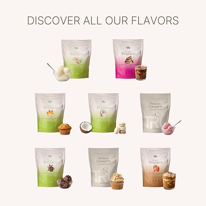 TRU Supplements Plant Based Protein Powder BCAA EAA 20g Vegan Brown Rice &amp Pea Protein 100 Calories 27 Vitamins No Artificial Flavors 25 Servings (Coconut Macaron)