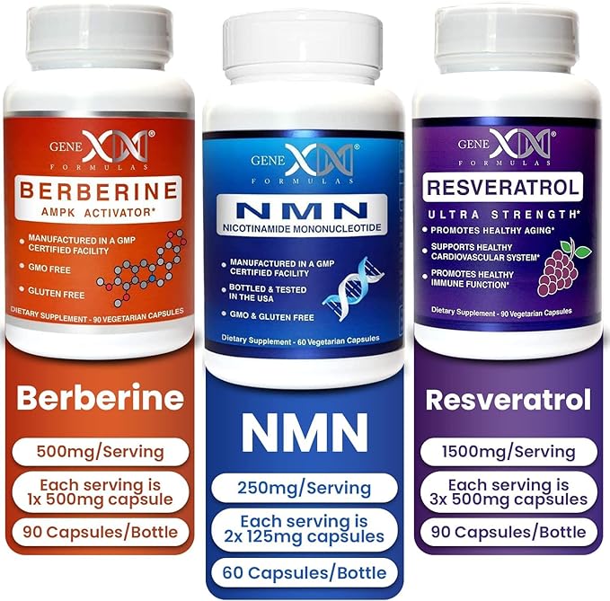 GENEX NMN Resveratrol and Berberine Power Pack Supplements | 250mg Nicotinamide Mononucleotide (NMN) Ultra Strength 500mg Resveratrol &amp AMPK Activator Berberine 500mg for Healthy Aging (3 Bott