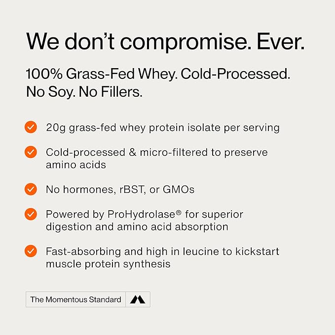 Momentous Essential Grass-Fed Whey Protein Powder - 20 g Whey Isolate Protein - NSF Certified for Sport - Gluten-Free - 25 Servings for Essential Everyday Use - Strawberry - Package May Vary