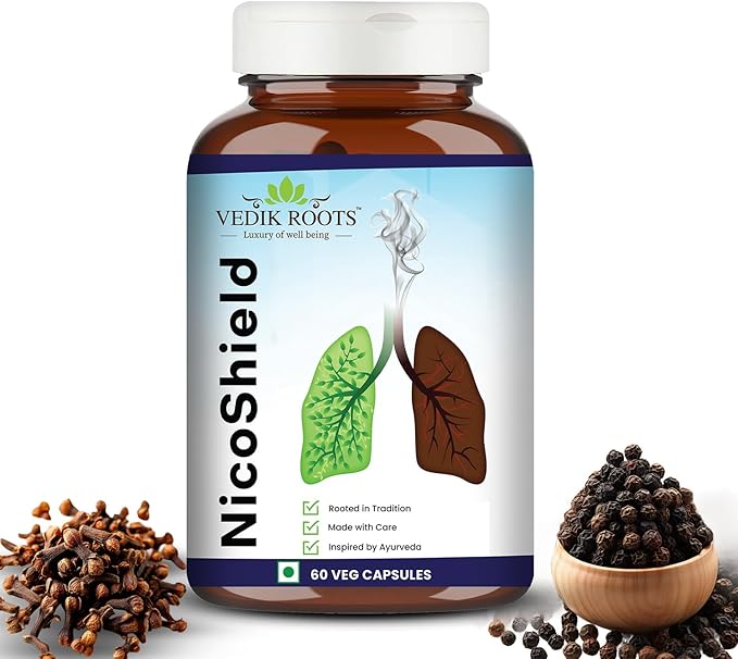 NicoShield | Ayurvedic Herbal Supplement to Support Smoking Cessation | Herbal Support for Quit Smoking | 10+ Ingredients in 60 Veg Capsules